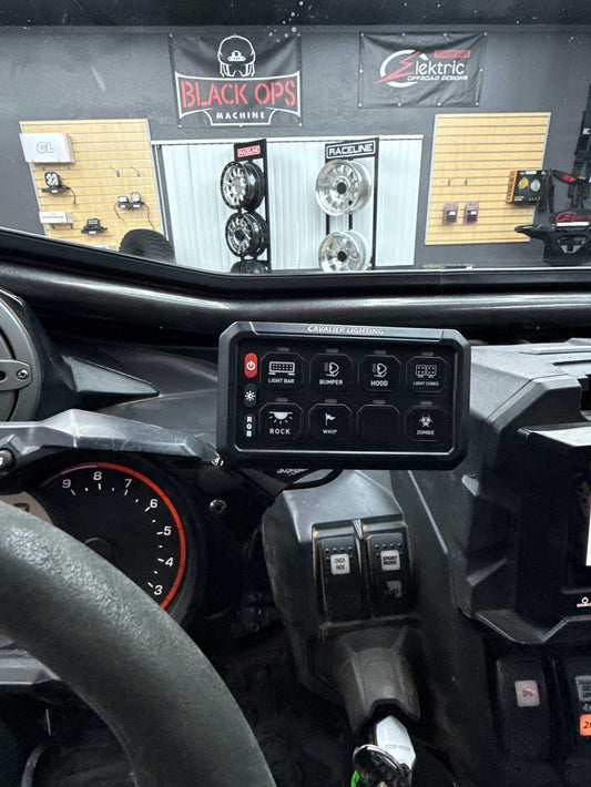 CanAm X3 '17-'19 Switch Panel Bracket made from 5052 Aluminum, designed for easy access near steering wheel